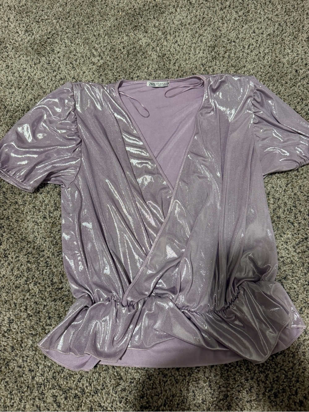 Zara Metallic Lilac Faux-Wrap Short Sleeve Top
